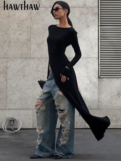 Women 2024 Spring Autumn Fashion Long Sleeve Solid Color Basic Bodycon Black Long Dress Wholesale Items for Business