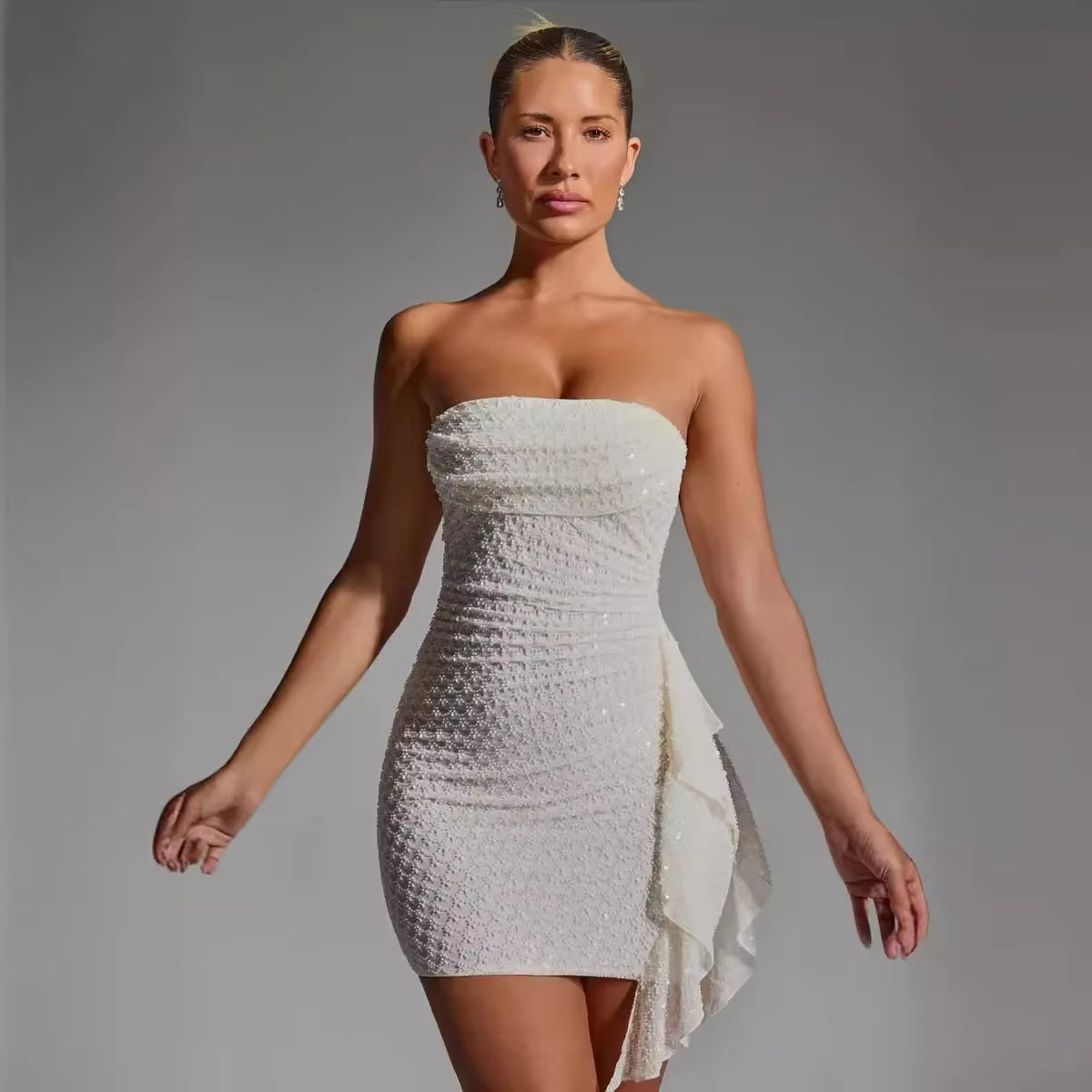 2024 Spring New Style European Fashion Women'S Mini Dress Sexy Spliced Strapless Hooded Dress Wholesale Foreign Trade