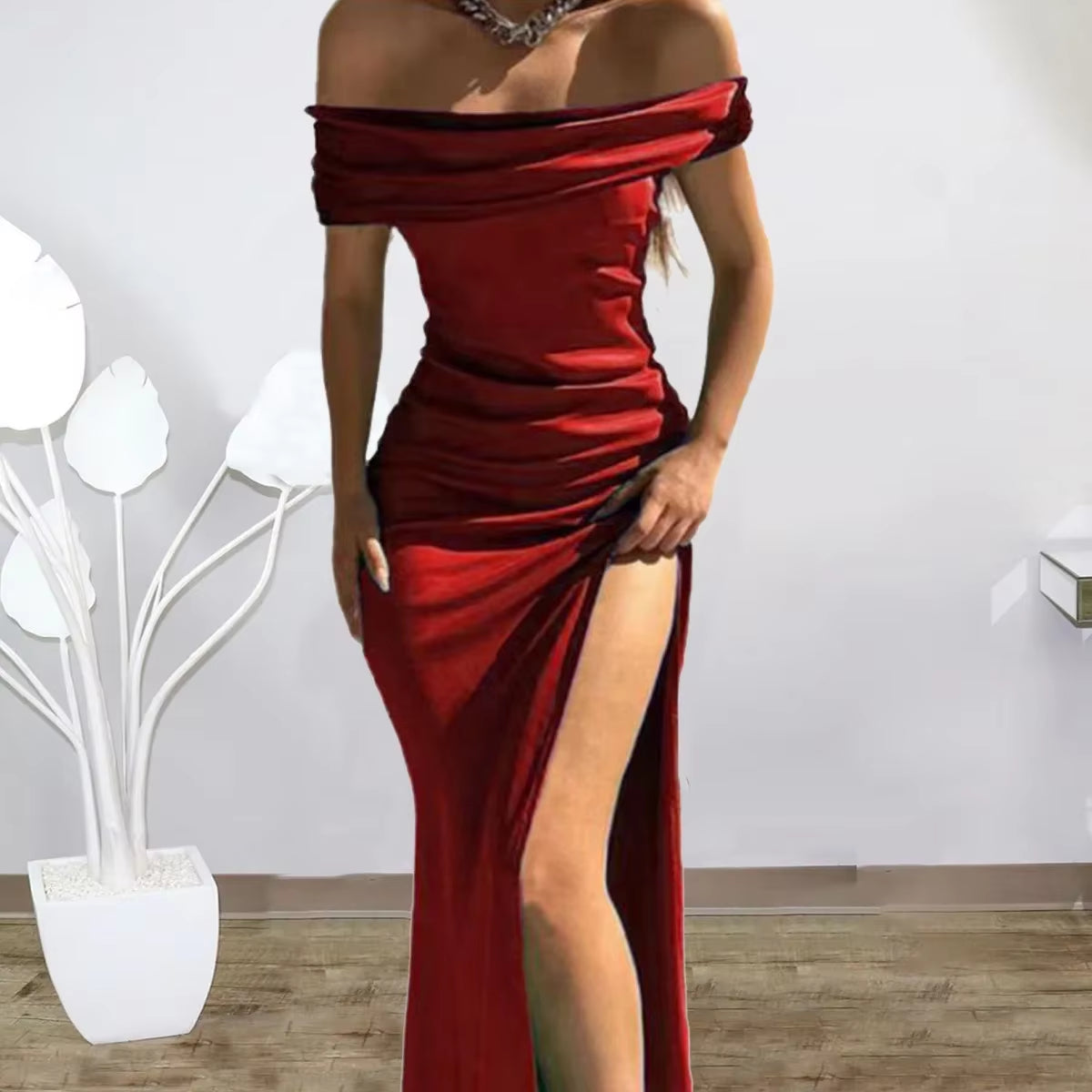 2023 New Socialite Style Bright Face Elastic Gown Solid Color One-Shoulder Dress Sexy Side Slit Long Dress for Women