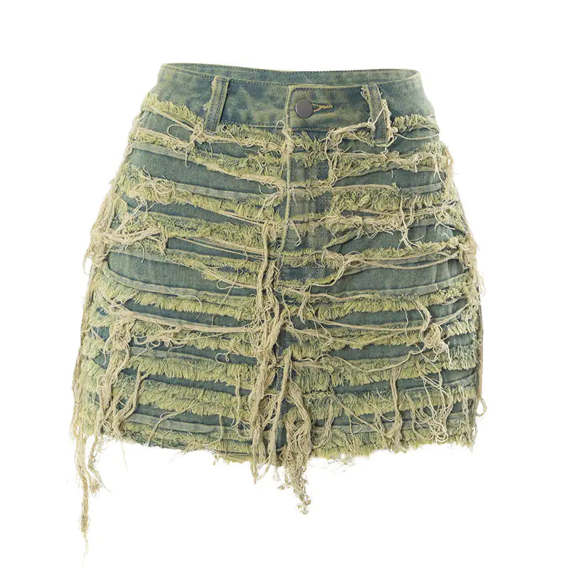 Distressed Out High Waist Denim Skirt