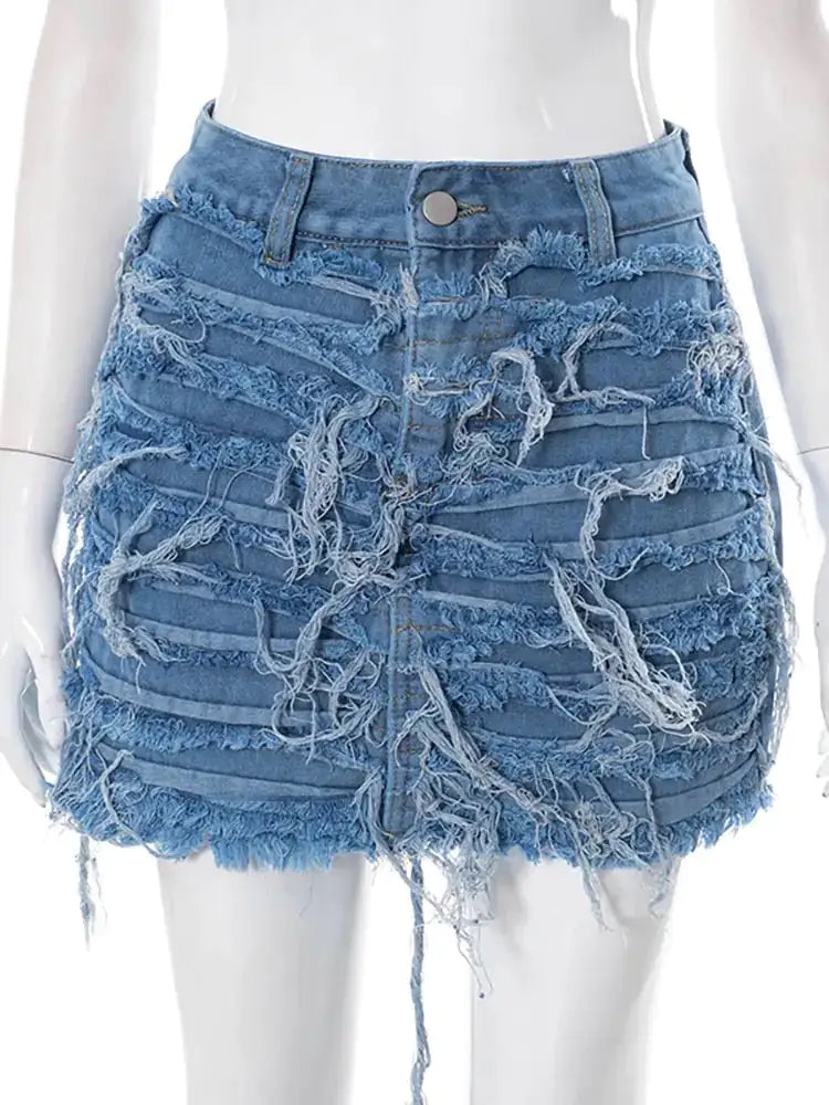 Distressed Out High Waist Denim Skirt