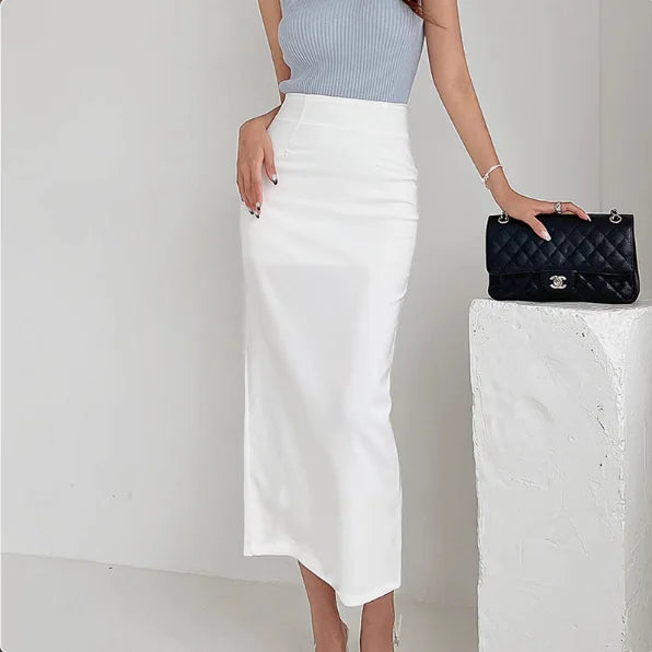 Solid Color High-Waisted Midi Skirt