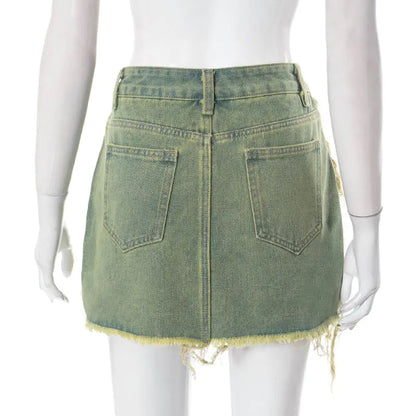 Distressed Out High Waist Denim Skirt